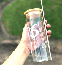Load image into Gallery viewer, 450ml BTS/ARMY glass bottle with bamboo lid and stainless steel straw
