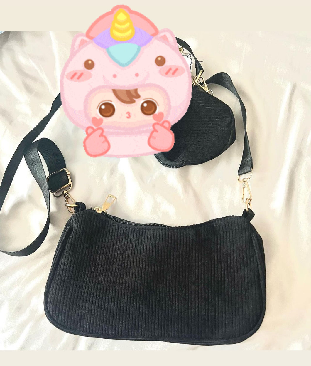 Black corduroy twin purse. (Free keychain)